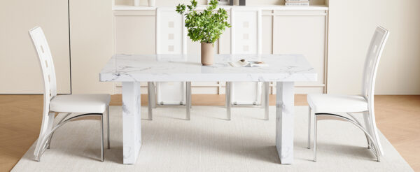 81d3fd65e74c49959f5e3d7c743aa095_cd6e16c3bbb36f22b87f3d1f4d336f0e Table and chair set.63"*35.4" White Imitation Marble Pattern MDF Dining Table Set - 4 PU Chair With White Saddleback, Geometric Pattern Backrest,Silver Curved Metal Leg.Suitable For Various Scenes.