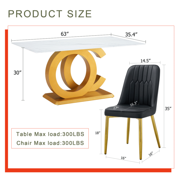 81dcab8db46042c4ba2b109136c88251_9adc3b3f8fc4a23008fe990c95ea4d81 Table and chair set.Subtle Luxury Tempered Glass Dining Set - 63"x35.4" with 4 Black PU Chairs.Metal Gold Chair Leg.White imitation marble texture sticker Tabletop. OC-Shaped MDF Table Leg.