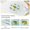 Double layer rotatable round glass.Golden aluminum plate,The rotatable design makes it convenient to retrieve and place items.The upper glass has a diameter of 24 inches, the lower glass15 inches.
