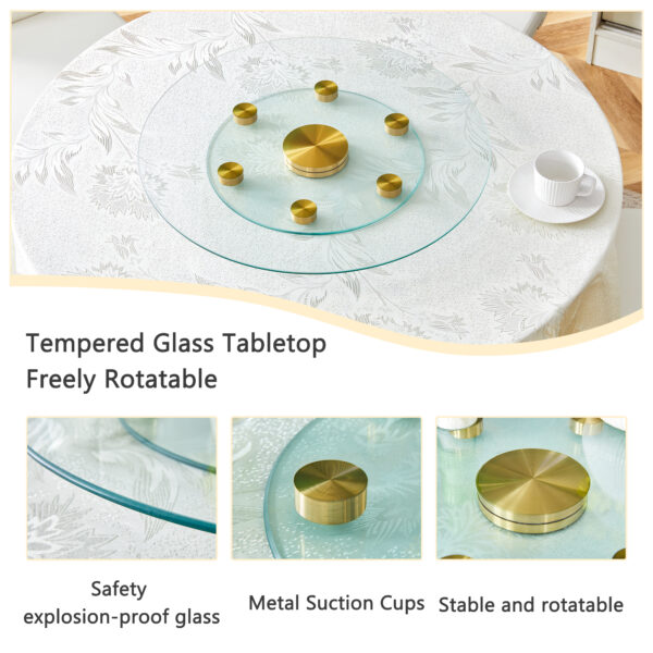 81f0195167894508a546c2ee21e98ab6_1a19d7146b1a9d0f1477a6cc4e267618 Double layer rotatable round glass.Golden aluminum plate,The rotatable design makes it convenient to retrieve and place items.The upper glass has a diameter of 24 inches, the lower glass15 inches.