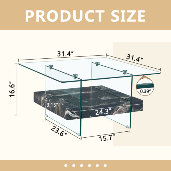 81f794b301ae46058c2d1e013c030e8c_f74ee9d3a9dc802d9b283299ce5586d5 31.4 Inch Modern Two-Tier Square Coffee Table - An Elegant Combination of Clear Glass and Black Marble Pattern Sticker.It can be used as a coffee table,a side table or a display stand.