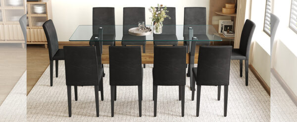 8206b5e2c7c54ac4a8fd1e0df7fb73fa_b48f5a42fb02895321b86c83d6a892bc Table and chair set.79"x31.5" Inch Tempered Glass Tabletop With X-shaped Black Metal Table Legs,Wood Grain Textured MDF Crossbeam.Paired With 10 Black PU Dining Chairs, Simple And Versatile.