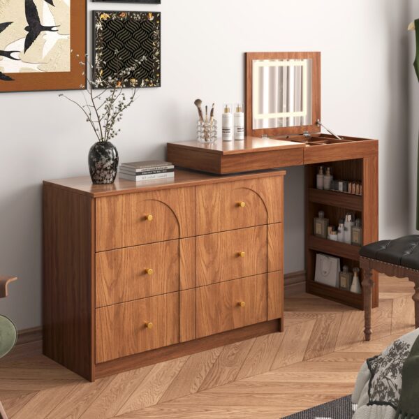 Vanity Desk with Mirror and Lights, Makeup Vanity Table with Flip-Top Tabletop and Storage 7 Drawers, 9 Compartments, 3 Shelves, 3 Color Modes Adjustable Makeup Table for Bedroom, Walnut
