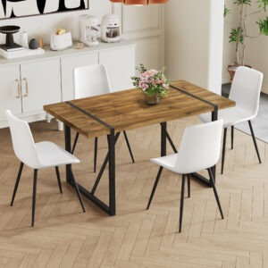 Table and chair set, textured top in vintage wood color, black metal legs. Dining chair with white faux leather backrest cushion with black metal legs.