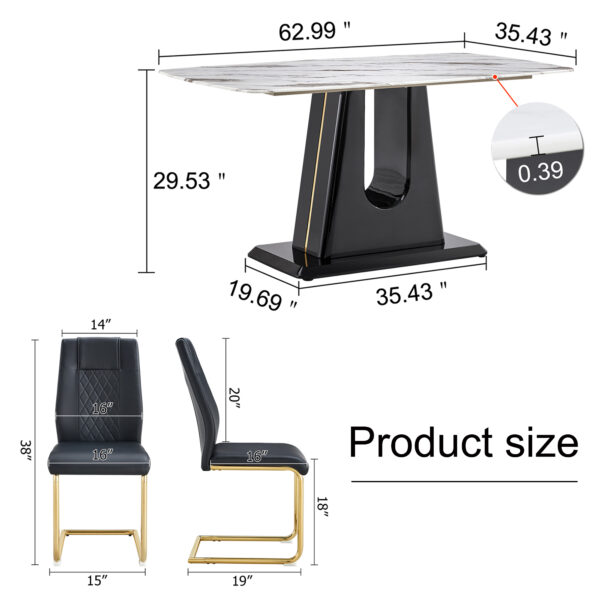 Table and chair set, modern and minimalist dining table, imitation marble patterned tabletop, MDF legs with U-shaped brackets. Paired with comfortable chairs, suitable for dining and living rooms.