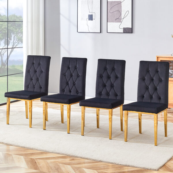 8231cbe84ddf4310a2edaaa689c43e91_16c9629950a3d7bb14e61028d6cde638 4 piece dining chairs.The gold metal legs complement the black velvet, showcasing a perfect blend of modern and classic elements.Suitable for various occasions such as kitchens,conference rooms, etc.