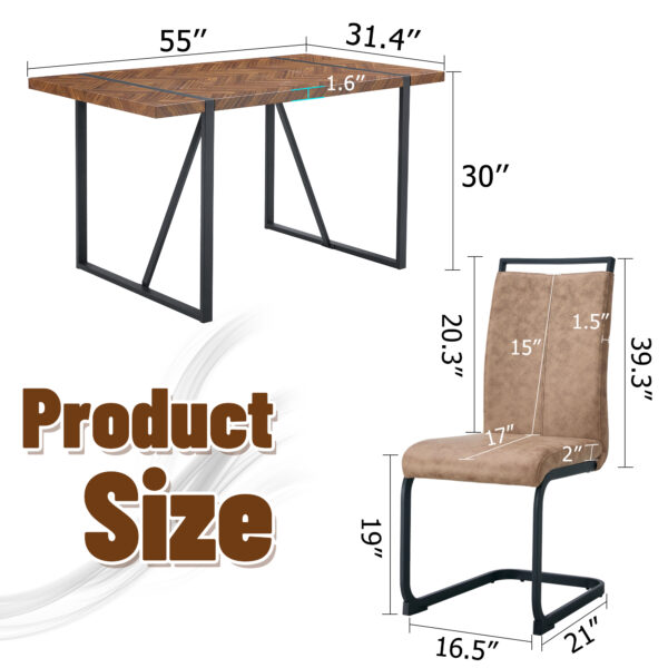 Table and chair set.A retro rectangular dining table with fishbone patterned MDF desktop and black metal legs.Paired With 6 Brown technology fabric chairs with Featuring arched black legs.