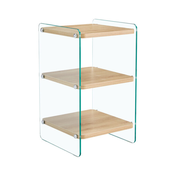 Three layer bedside cabinet.The board is made of MDF with wooden stickers, with transparent tempered glass on both side.The design is simple and elegant, with powerful storage function.Storage cabinet
