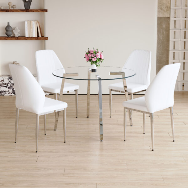 8265977293cb4842899971154223cf25_1e8314b6080c3e4ed22ccdda21250dd3 Table and chair set.Modern circular transparent tempered glass table, tempered glass tabletop, silver metal table legs.A Set of 4 White PU Comfort Dining Chairs with extended backrest.