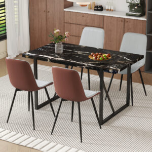 Table and chair set.Modern Black Marble Pattern MDF Dining Table Set-55"x31.4" with 4 Extended Seat Cushion PU Dining Chairs.Brown and Light Gray Splicing Colors Cushion.Iron Pipe Spraying Chair Legs.