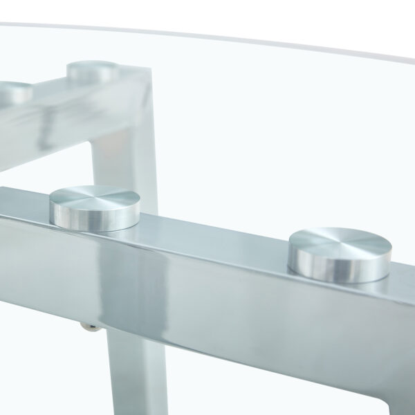 82673cc4febc4132a79d09bf3439a3c1_20240306_5298e25bf3a8c8476ffcacec0e81b8d0 Modern minimalist style circular transparent tempered glass table, tempered glass tabletop, silver metal table legs, suitable for kitchen, dining room, and living room, 40 "* 40" * 29.5 "W1151S01226