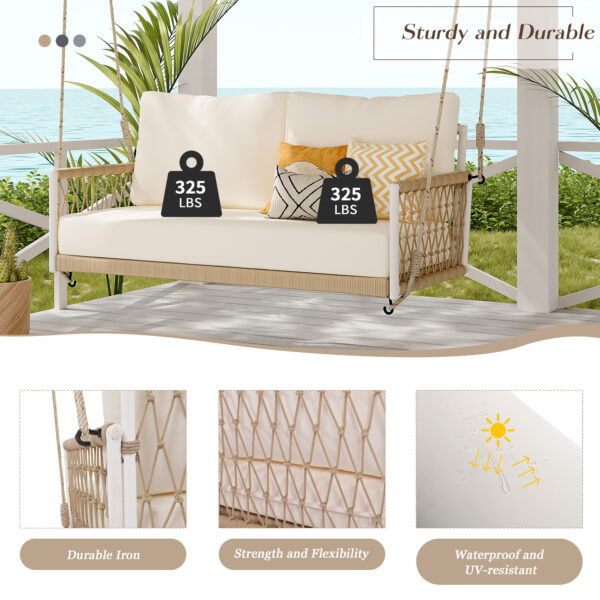 TREXM 1-Piece Woven Rope Outdoor Swing Sofa with Soft Cushions Seating 2 for Patio, Courtyard and Balcony (Beige)