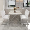 Table and chair set.Modern Luxurious white Marble-Patterned Tempered Glass Dining Table with 6 Chairs.Single fork silver metal table legs.White high-quality PU dining chairs with silver metal legs.