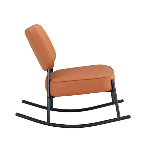 PU material cushioned rocking chair, unique rocking chair, cushioned seat, brown backrest rocking chair, black metal legs. Comfortable side chairs in the living room, bedroom, and office