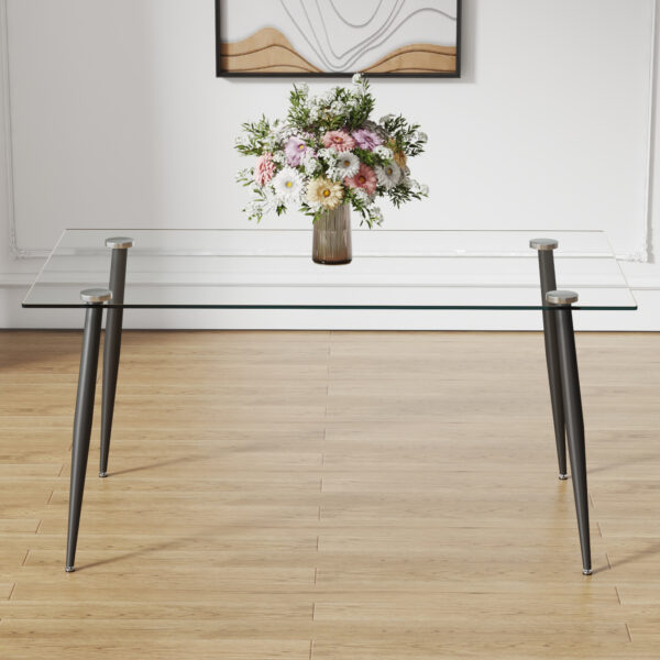 Modern rectangular glass dining table for 4-6 people with tempered glass top and black metal legs, writing desk for kitchen, dining room and living room.