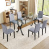 Table and chair set.79"x31.5" Inch Tempered Glass Tabletop With X-shaped Black Metal Table Legs,Wood Grain Textured MDF Crossbeam.Paired With 6 Light Gray Linen-Cotton Dining Chairs.