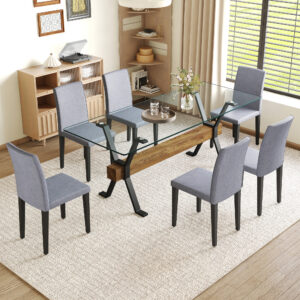 Table and chair set.79"x31.5" Inch Tempered Glass Tabletop With X-shaped Black Metal Table Legs,Wood Grain Textured MDF Crossbeam.Paired With 6 Light Gray Linen-Cotton Dining Chairs.