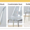 Table and chair set.Modern Luxurious white Marble-Patterned Tempered Glass Dining Table with 6 Transparent Plastic Chairs with silver legs.Single fork silver metal table legs.