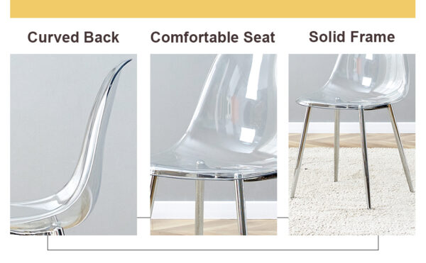 82c18baeb41c41de8e3ba04cf2a6b4e1_b2bcf311615594ba9f4119d3ff02b0f7 Table and chair set.Modern Luxurious white Marble-Patterned Tempered Glass Dining Table with 6 Transparent Plastic Chairs with silver legs.Single fork silver metal table legs.