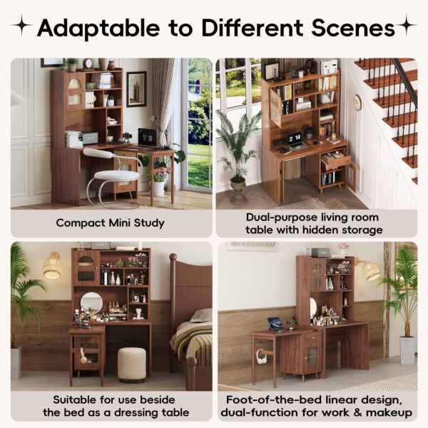Computer Desk with 90 Degree Rotating Desktop, 43x70 Inch Office Desk with Storage Drawer and Cabinets, Gaming Desk with Shelves, Writing Desk for Study, Work Desk for Home Office Bedroom Living Room