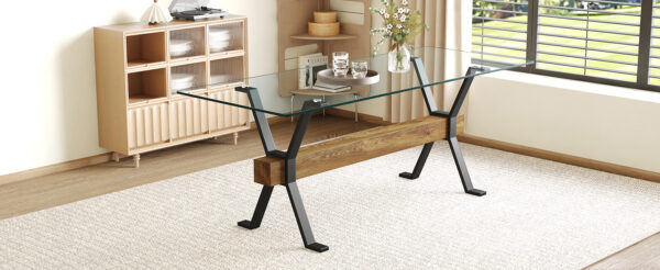 82c7df1fa7cb4da5bb43dfd365432332_770f497bdd4846ed64615b17012a94e3 Elegant Transparent Tempered Glass Dining Table - 79"x31.5" with X-shaped Black Metal Table Legs,Wood Grain Textured MDF Crossbeam. With a Thickness Of 0.39 Inches.Comfortably Accommodate 6-10 People.