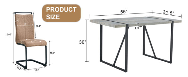 82d194b6e6524e7189c1961802fe10c0_4bffb2ca7b4a8d994b8b3bc44b7b65c5 Table and chair set. Modern minimalist grey marble textured MDF dining table with metal frame.Paired with 4 brown technology fabric chairs with Featuring arched black legs.