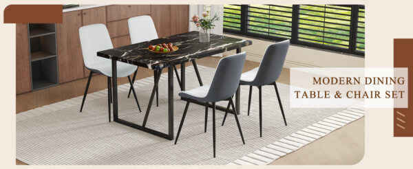 82d8c2e5e7a24883ac86049548f55927_d9246058e415db9cfdcf92b7fa6c80f8 Table and chair set.Modern Black Marble Pattern MDF Dining Table Set-55"x31.4" with 4 Extended Seat Cushion PU Dining Chairs.White and Dark Gray Splicing Colors Cushion.Iron Pipe Spraying Chair Legs.