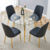 Table and chair set.A 42 Inch Diameter Modern Minimalist Round Dining Table With Transparent Tempered Glass top And Golden Metal Legs,4 Black Chairs With PU Backrest And Seat Cushion.