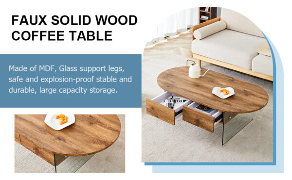 8304de2b5b0247b58cc87addc2ee6a4f_2e388778fbfbdc145ed8fb7067f8bfc3 Coffee table with double drawers. The board surface is MDF sticker, and both sides are transparent tempered glass. The design is simple and elegant, with excellent storage functions.