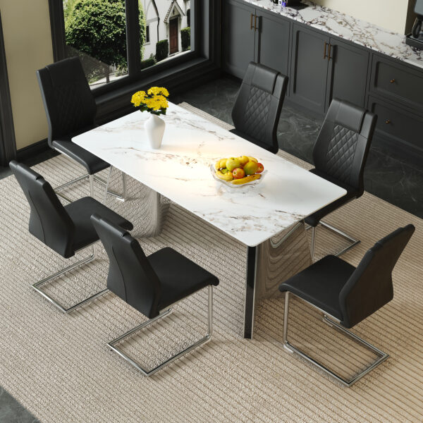 8324b2e9e0424cebb3d52ee9c9dcdeab_6b0947dc6ca9ae8a2d54e0ee9ad460cd Table and chair set.63*31.4 Inch Luxurious Cold Jade Sintered Stone Dining Table Set - 6 Black High-quality PU Chairs With Arched Silver Metal Legs.Perfect For Dinner Room,Meeting Room,Kitchen,etc.
