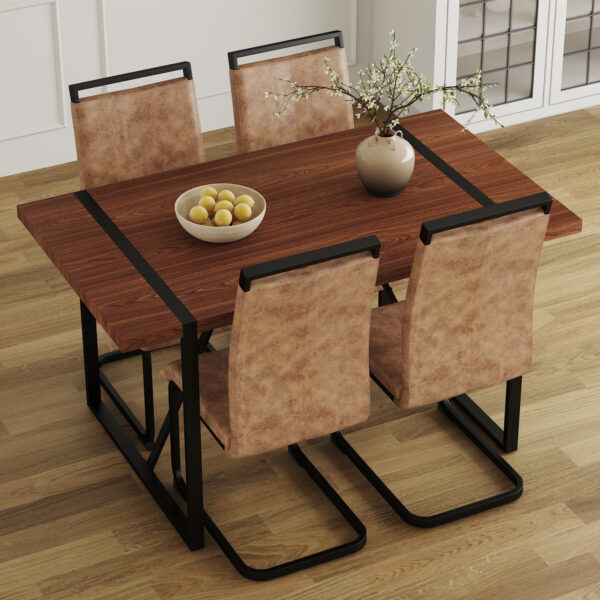 833d6ee82c524df3bd3b9e3316f6eccb_6a044166901f38c8dbe63a5b96742463 Table and chair set. A minimalist retro rectangular dining table with a specially textured top and black metal legs, paired with 4 soft chairs and black metal legs, showcases a beautiful home style.