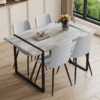 Table and chair set.A minimalist retro rectangular dining table with a textured top and black metal legs.Paired With 4 Light Gray Linen-Cotton Dining Chairs With Curved Widened Cushion Design.