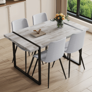 Table and chair set.A minimalist retro rectangular dining table with a textured top and black metal legs.Paired With 4 Light Gray Linen-Cotton Dining Chairs With Curved Widened Cushion Design.