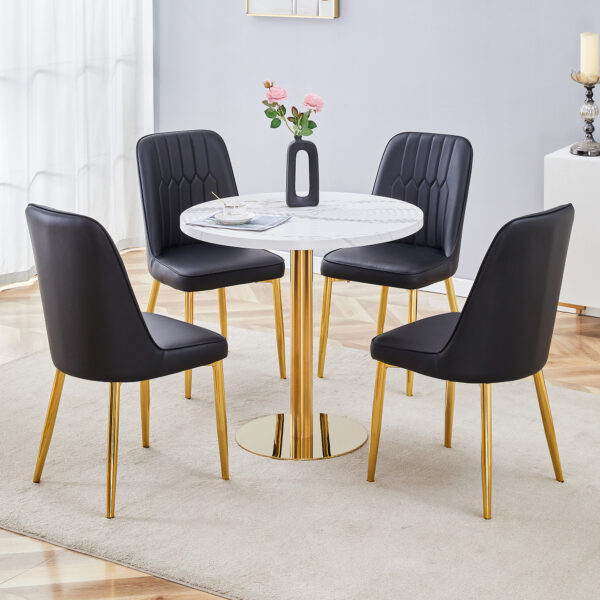 837296a2274e472e8060c515ec34a8c4_737b173189f1307c0461ba0a4d59a8ba Table and chair set.31.5 Inch Elegant White Marble Pattern Round Dining Table - Suction Molding Annular Texture.Paired With 4 Black PU Chairs with Simple Line Designs On The Backrest.