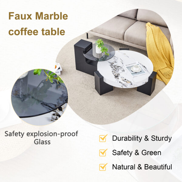 838efd383eb8477dbaac6d93597efae0_494e774fd89495e914822b4506779cf5 Modern Simple Double-Layer Round Coffee Table - Transparent Gray Glass Top with Black MDF L-Shaped Legs.The detachable design can make the use of space more flexible.