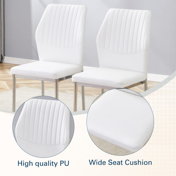 83963210acc24679b13e9d9284d41531_6403baf9db8eaf5f48b58f605c1bc1a9 Luxury Simple Chair - Set of 6 White PU Material High Resilience Dining Chair with Metal Silver Leg.The Chair Back Has a Vertical Stripe Design With Smooth And Uniform Lines.