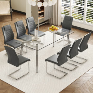 Table and chair set.71 * 35.4 inch rectangular dining table.Tempered Glass Tabletop,Silver 7-shaped Metal Table Legs.Paried With 8 Dark Gray High-quality PU Chairs With Arched Metal Legs.