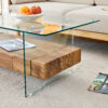 43.3 Inch Modern Two-Tier Coffee Table - Clear Tempered Glass and Natural Wood Grain, Multifunctional Storage Design.The bottom tier includes a drawer.Can be used as a coffee table,side table,etc.
