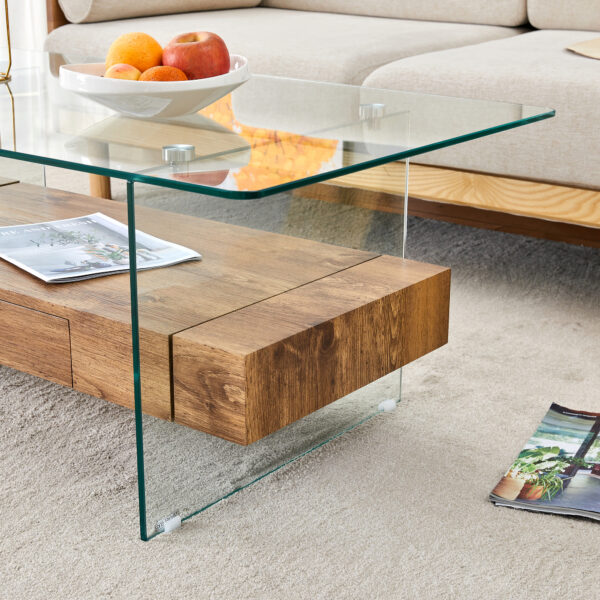 83ae1402def2419d9e147537dca9b0af_4fb7571ed1978f9b6760eab530f16f5e 43.3 Inch Modern Two-Tier Coffee Table - Clear Tempered Glass and Natural Wood Grain, Multifunctional Storage Design.The bottom tier includes a drawer.Can be used as a coffee table,side table,etc.