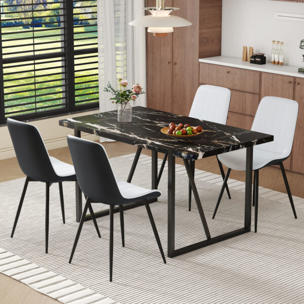 83afc3e0cf124ac8a328f8eaab3335fb_ec75874636e9b794ab717b9b75b9d2e8 Table and chair set.Modern Black Marble Pattern MDF Dining Table Set - 55"x31.4" with 4 Extended Seat Cushion PU Dining Chairs.White and Black Splicing Colors Cushion.Iron Pipe Spraying Chair Legs.