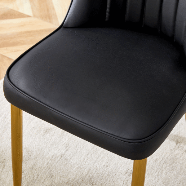 83c926cc3c724a63b5f42a05f2a68e11_802fa1a3483166e9ff6647993a4170ab Table and chair set.Subtle Luxury Tempered Glass Dining Set - 63"x35.4" with 4 Black PU Chairs.Metal Gold Chair Leg.White imitation marble texture sticker Tabletop. OC-Shaped MDF Table Leg.