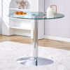 A 35-inch diameter glass top and a modern, minimalist round dining table with silver metal legs. Ideal for dining rooms, living rooms and meeting rooms.