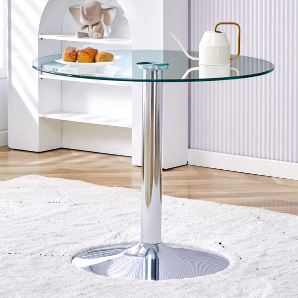 83cd3190bce94ea7bc79f6a0ac6b49f0_20240320_f5dd3d02149840d6186718bb1f9bfdf2 A 35-inch diameter glass top and a modern, minimalist round dining table with silver metal legs. Ideal for dining rooms, living rooms and meeting rooms.