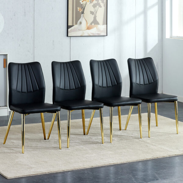 83d76e75f69c41d2bd99ebbd9e8263a6_20240205_5a53d9cad1cf3bf106d4bf1c24ca05ee Four black dining chairs. A medieval modern chair made of PU material with soft cushions, equipped with golden metal legs. Suitable for restaurants and living rooms