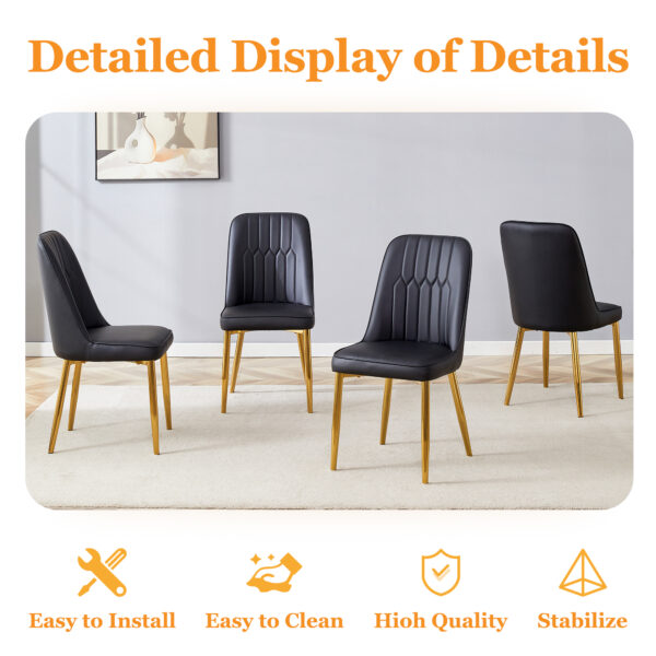 83d9a7844ef1417dbdf5e30a4e38f799_8940609ed8e739ae045c250e7c7bce85 Table and chair set.Luxurious Style Tempered Glass Dining Set-71"x35.4"with 8 Black PU Chairs with Simple Line Designs On The Backrest .Golden Metal Legs.Tempered Glass Top With White Texture sticker.