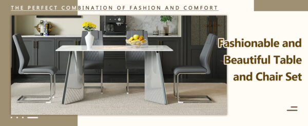 83f9ee4114c446228bfffc8abce09038_a9c76d1e735c09e783d86594f704f073 Table and chair set.63*31.4 Inch Luxurious Cold Jade Sintered Stone Dining Table Set- 4 Dark Gray High-quality PU Chairs With Arched Silver Metal Legs.Perfect For Dinner Room,Meeting Room,Kitchen,etc.