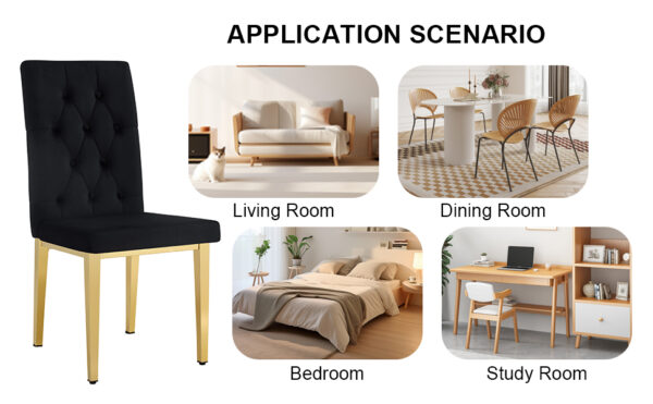 83fb0e9d6d3f48509ccc43ac63616462_6e4c3c957782da88644043dcfc393868 4 piece dining chairs.The gold metal legs complement the black velvet, showcasing a perfect blend of modern and classic elements.Suitable for various occasions such as kitchens,conference rooms, etc.