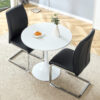 Table and chair set.Hourglass-Shaped Stable Small Round Table -31.9" * 31.9" With 2 Soft and Comfortable Black PU Chair With Arched Metal Silver Leg.Create Your Exclusive Low-Key Luxury Space.