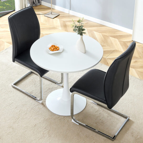 840b047b3740471ca982d710f2f0a8fd_d4da8c14703bd91b8db5960db270c899 Table and chair set.Hourglass-Shaped Stable Small Round Table -31.9" * 31.9" With 2 Soft and Comfortable Black PU Chair With Arched Metal Silver Leg.Create Your Exclusive Low-Key Luxury Space.