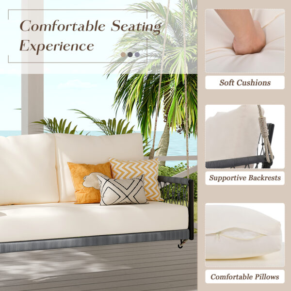 TREXM 1-Piece Woven Rope Outdoor Swing Sofa with Soft Cushions Seating 2 for Patio, Courtyard and Balcony (Beige)